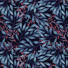 Blue and red leaves on dark background pattern