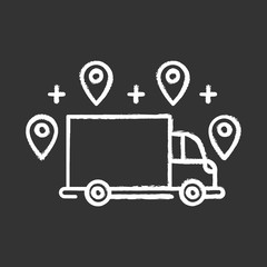 Sticker - Delivery option chalk icon. Online order tracking. E commerce concept. Fast shipping truck with location marks. Delivery service. Logistics and distribution. Isolated vector chalkboard illustration