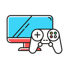 Sticker - Video games and consoles color icon. Hobbies and computer supplies. Game controller and monitor screen. Modern entertainment concept. E commerce department. Isolated vector illustration