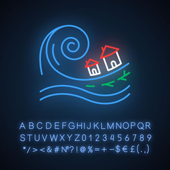 Poster - Tsunami neon light icon. Groundswell. Ocean storm washing settlement. Sea wave destruct houses. Natural catastrophe. Glowing sign with alphabet, numbers and symbols. Vector isolated illustration