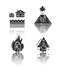 Poster - Natural disaster drop shadow black glyph icons set. Destructive force of Earth. Volcanic eruption, flood, fire, avalanche. Insurance case. Emergency management. Isolated vector illustrations