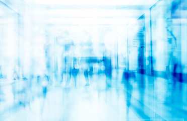 abstract defocused blurred technology space background, empty business corridor or shopping mall. Medical and hospital corridor defocused background with modern laboratory (clinic)