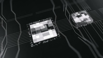 Poster - Monochrome animation of processors CPU. Animation. Motherboard digital chip. Abstract animation of computer central processing unit CPU in digital cyberspace