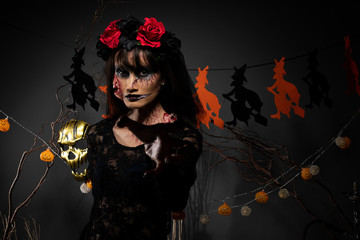 Devil White face clown and Zombie girl black hair, two ghosts possessed together over Halloween backgrounds with witches and pumpkins head decorate die tree, low key dark shadow exposure copy space