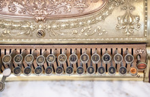 Gold And Marble Colored Antique Cash Register With Large Gold Keys