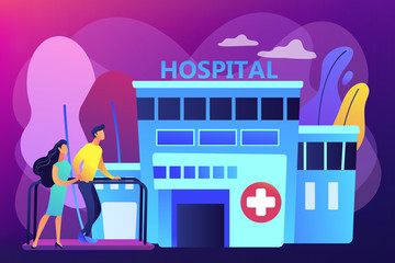 Poster - Therapist working with patient at rehabilitation center. Rehabilitation center, rehabilitation hospital, stabilization of medical conditions concept. Bright vibrant violet vector isolated illustration