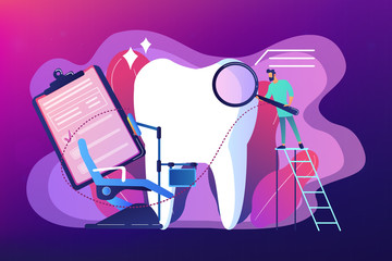 Sticker - Dentist with magnifier on ladder examining huge patient tooth and dental chair. Private dentistry, dental service, private dental clinic concept. Bright vibrant violet vector isolated illustration