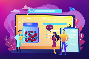 Poster - Tiny people, doctor prescribing medicine to patients online. Online prescription system, prescription management system, online pharmacy concept. Bright vibrant violet vector isolated illustration