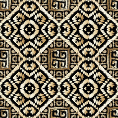 Embroidery carpet textured greek vector seamless pattern. Ornamental surface tapestry background. Geometric repeat grunge backdrop. Modern tribal ethnic style embroidered ornaments. Greek key meanders