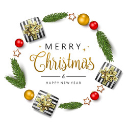 Wall Mural - merry christmas gifts, christmas balls, cookies and stars decoration circle with text