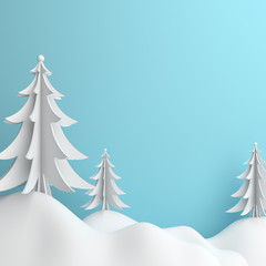 Winter abstract design creative concept, pine, spruce, fir tree art paper cut origami with blue pastel sky background. 3D rendering illustration.