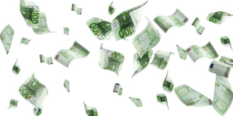 Money stack. Falling banknotes. European money on white isolation background.