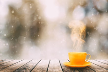 Hot Coffee On The Table On A Winter Background