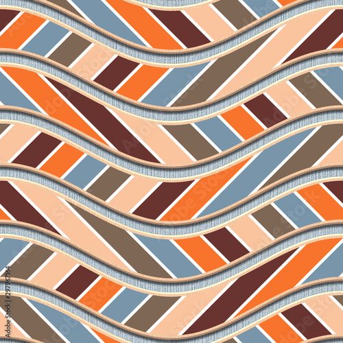 Naklejka - mata magnetyczna na lodówkę Carving waves pattern on background seamless texture, patchwork pattern, diagonal stripes, 3d illustration