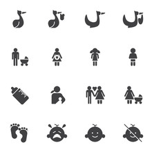 Maternity Vector Icons Set, Modern Solid Symbol Collection, Filled Style Pictogram Pack. Signs, Logo Illustration. Set Includes Icons As Pregnant Woman, Stork With Baby, Family, Child, Breast Feeding