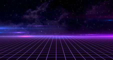 Fototapete - Retro Sci-Fi Background Futuristic Grid landscape of the 80s. Digital Cyber Surface. Suitable for design in the style of the 1980`s. 3D illustration