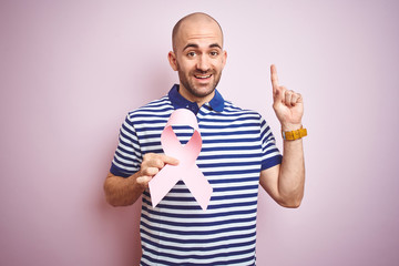 Sticker - Young man holding pink brest cancer ribbon over isolated background surprised with an idea or question pointing finger with happy face, number one