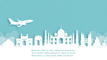 Travel Poster With Welcome To Agra, India Famous Landmark In Paper Cut Style Vector Illustration.