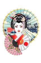 Geisha And Fan With Seascape