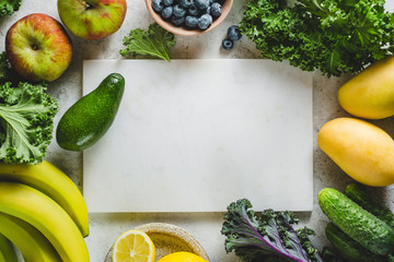 Wall Mural - Various fruits and vegetables for smoothies. Food background with copy space. Top view.