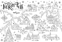 Fantasy Map Of The North Pole, Showing The Home And Toy Factory Of Santa Claus, Reindeer Stables, Elf Village Etc. - Vintage Christmas Greeting Card Template