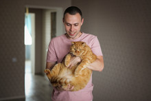 A Man With A Very Fat Red Cat In His Arms, Pets