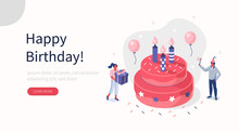People Characters Standing Near Birthday Cake And Celebrating. Woman And Man Holding Gift And Balloons. Friends Enjoying The Party. Happy Birthday Concept. Flat Isometric Vector Illustration.