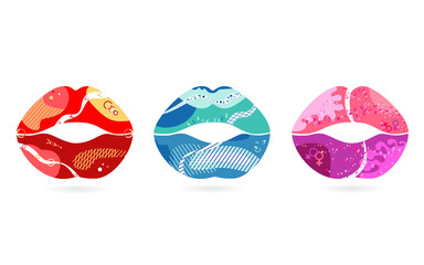 set of abstract modern graphic lips elements, icon. dynamical colored kissing sexy girl lips. valent