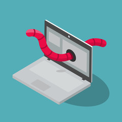 Fototapete - Worm cyber attack symbol with laptop and red worm, isolated on blue background. Flat design, easy to use for your website or presentation.