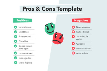 Poster - Simple infographic for pros and cons with funny emoji symbols isolated on light background. Easy to use for your website or presentation.