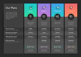 Poster - Modern pricing comparison table with four subscription plans and place for description - dark version. Flat infographic design template for website or presentation.