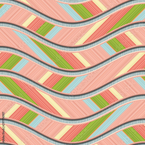 Obraz w ramie Carving waves pattern on background seamless texture, patchwork pattern, diagonal stripes, 3d illustration