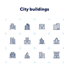 Sticker - City buildings line icon set. Office building, apartment house, business area. Urban life concept. Can be used for topics like town, big city, architecture