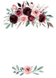 Greeting card template with watercolor pink and burgundy flowers roses, floral frame border with place for text. Illustration hand painted. Isolated on white background. 