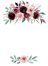 Greeting Card Template With Watercolor Pink And Burgundy Flowers Roses, Floral Frame Border With Place For Text. Illustration Hand Painted. Isolated On White Background. 