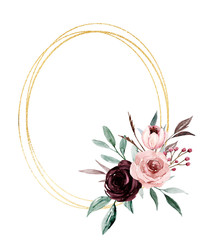 Poster - Flowers gold frame border. Watercolor hand painting floral wreath with place for text with bouquets pink and burgundy roses. Isolated on white background.