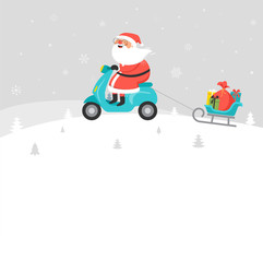 Santa Claus riding on scooter. Delivery christmas gifts concept. Vector illustration