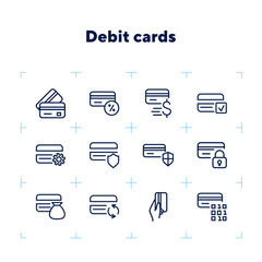 Poster - Debit cards line icon set. Set of line icons on white background. Banking concept. Credit card, payment, economy. Vector illustration can be used for topics like economy, modern, payment