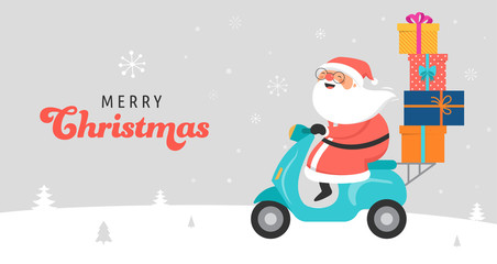 Santa Claus riding on scooter. Delivery christmas gifts concept. Vector illustration