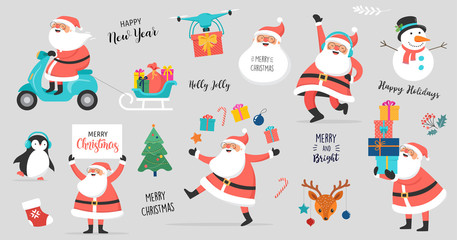 collection of happy santa clauses, dancing, jumping, holding sign, driving on scooter. vector illust