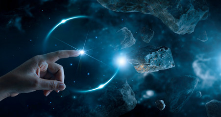 Poster - Abstract science, Hand touching science and network connection on planet space background