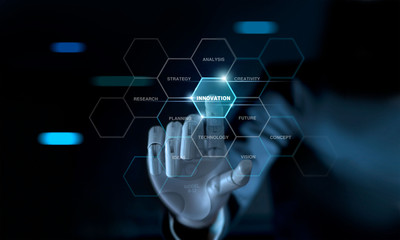 Fototapete - Abstract futuristic, Businessman mechanical robotic arm touching word innovation on virtual screen interface. AI, futuristic technology concept.