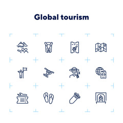 Sticker - Global tourism icon set. Line icons collection on white background. Ticket, resort, destination. Journey concept. Can be used for topics like airport, rafting, traveling