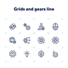 Poster - Grids and gears line icons. Set of line icons on white background. Technology concept. Control, internet, machinery. Vector illustration can be used for topics like machinery, progress, industry