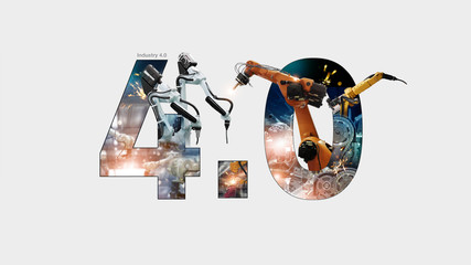 Poster - Industry 4.0 concept, iot, automation robot arms machine and monitoring system software, Welding robotics and digital manufacturing operation and industrial technology.