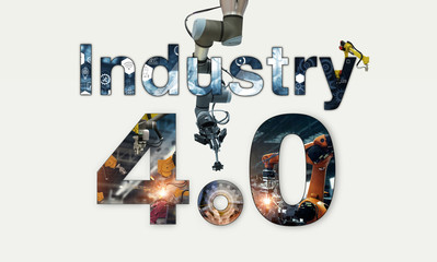 Fototapete - Industry 4.0 concept, iot, automation robot arms machine and monitoring system software, Welding robotics and digital manufacturing operation and industrial technology.