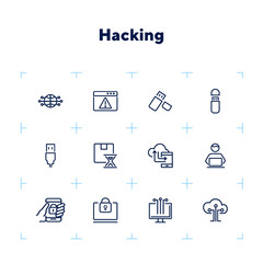 Sticker - Hacking line icon set. Programmer, computer, memory stick. Information technology concept. Can be used for topics like antivirus, data safety, programming