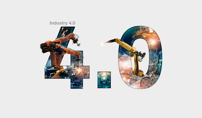 Fototapete - Industry 4.0 concept, iot, automation robot arms machine and monitoring system software, Welding robotics and digital manufacturing operation and industrial technology.