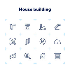 Sticker - House building line icon set. Set of line icon on white background. Home concept. Washing machine, door, stair. Vector illustration can be used for topics like engineering, power