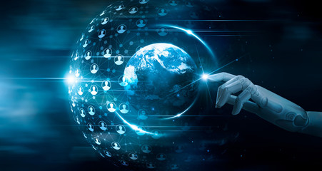 Leinwandbilder - Hand of robot touching global network connection on customers, analysis, machine learning, innovative, technology and futuristic business.